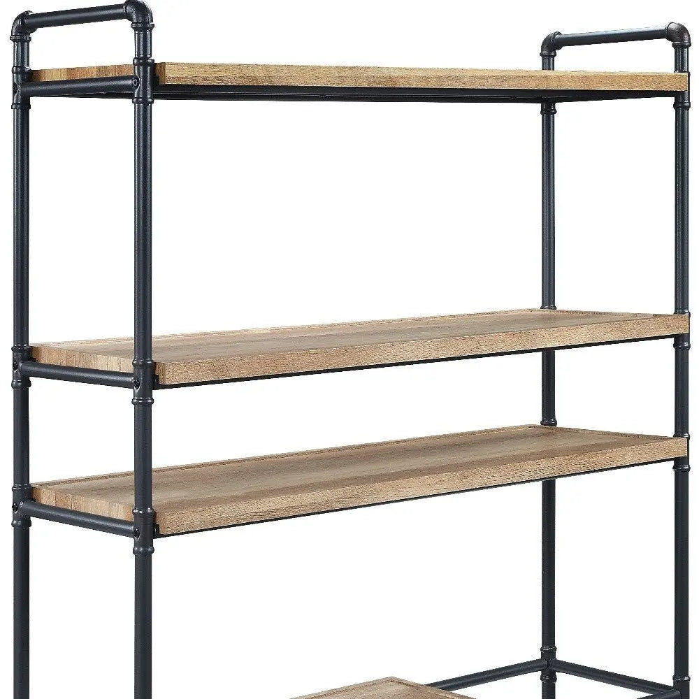 65" Natural And Black Metal and Wood Five Tier Etagere Bookcase - NOBLE HOME INTERIORS