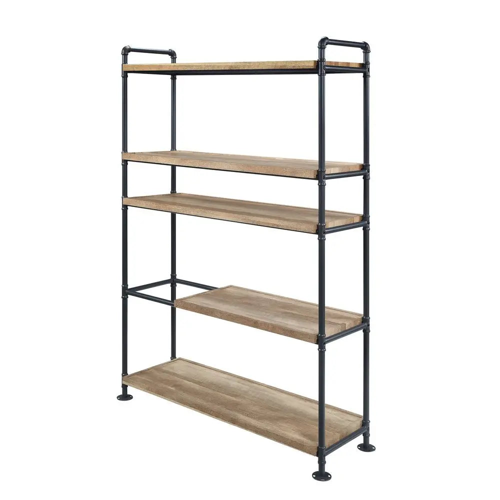 65" Natural And Black Metal and Wood Five Tier Etagere Bookcase - NOBLE HOME INTERIORS