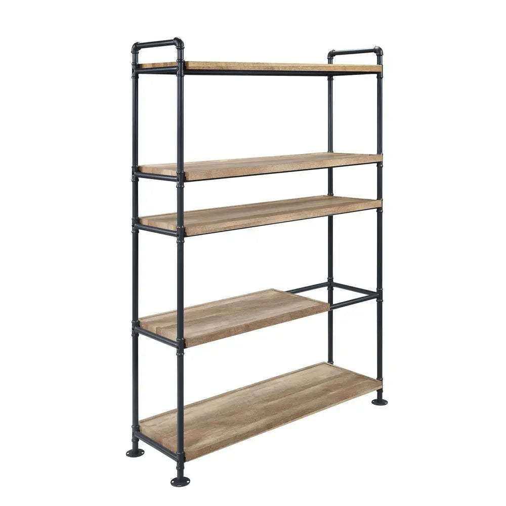 65" Natural And Black Metal and Wood Five Tier Etagere Bookcase - NOBLE HOME INTERIORS