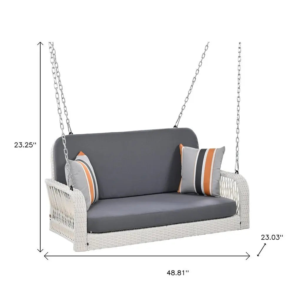 49" White Woven Rattan Outdoor Hanging Swing Chair with Gray Cushions HomeRoots