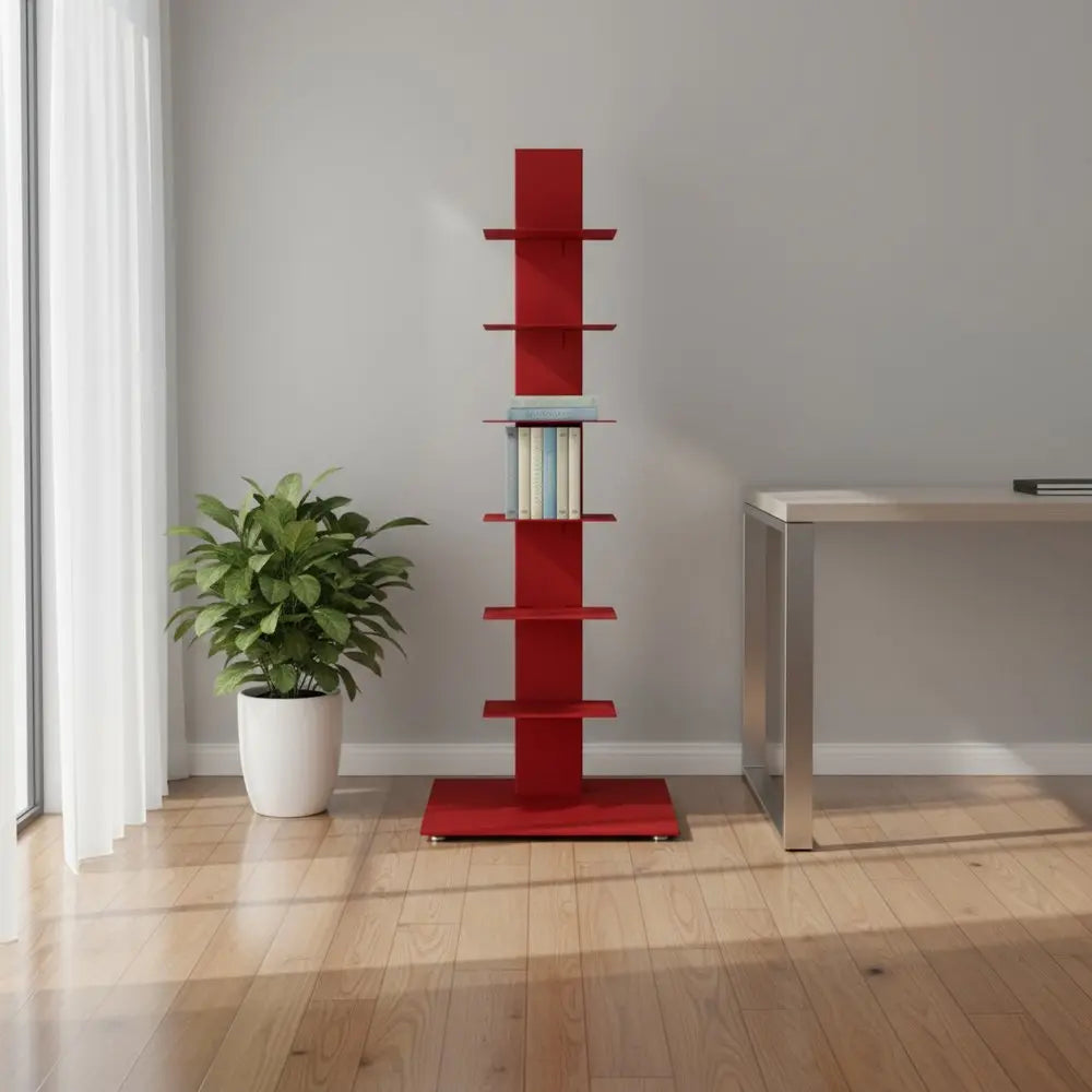 38" Red Metal Six Shelf Modern Tower Bookcase HomeRoots
