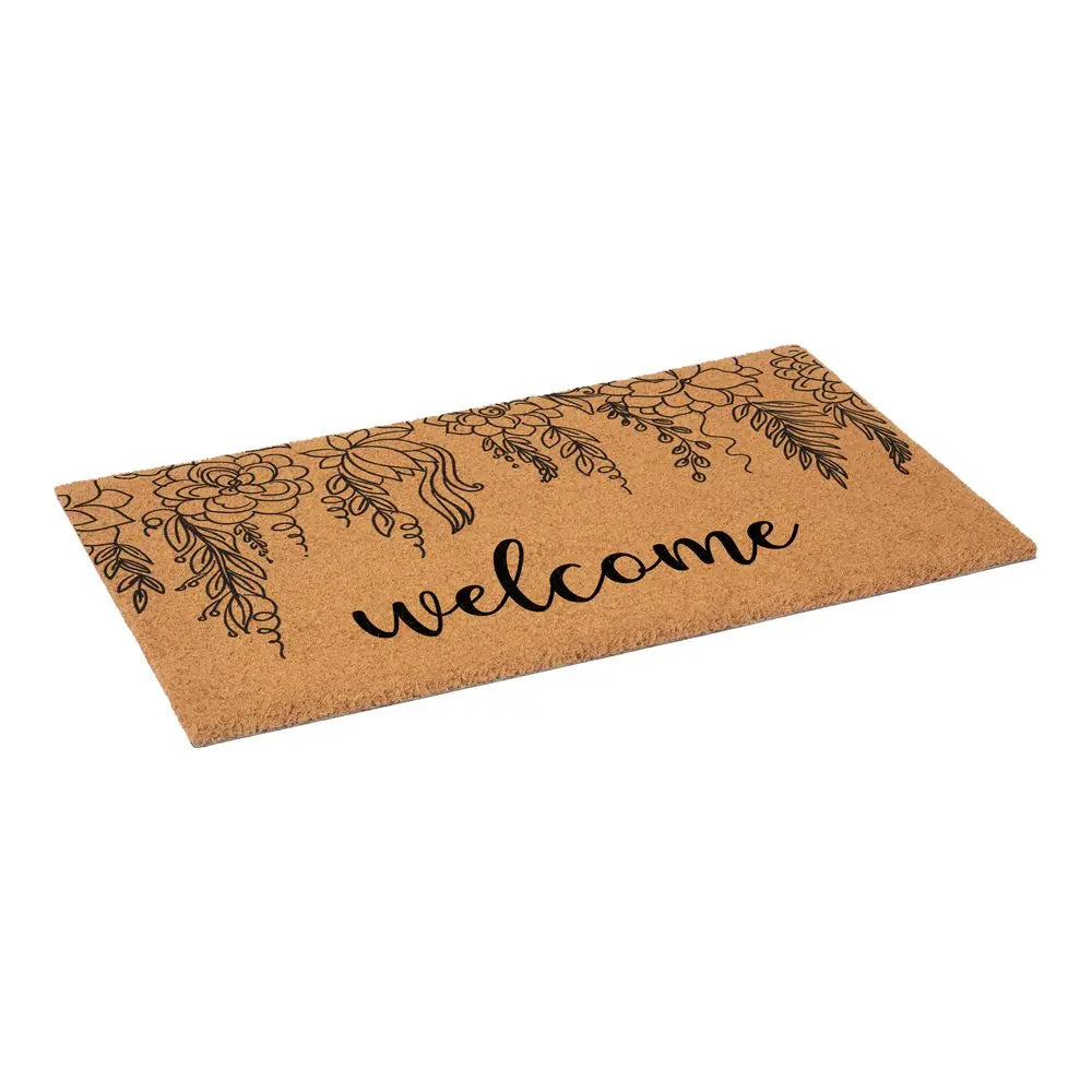 17" X 29" Brown And Natural Floral Welcome Outdoor Coir Door Mat HomeRoots