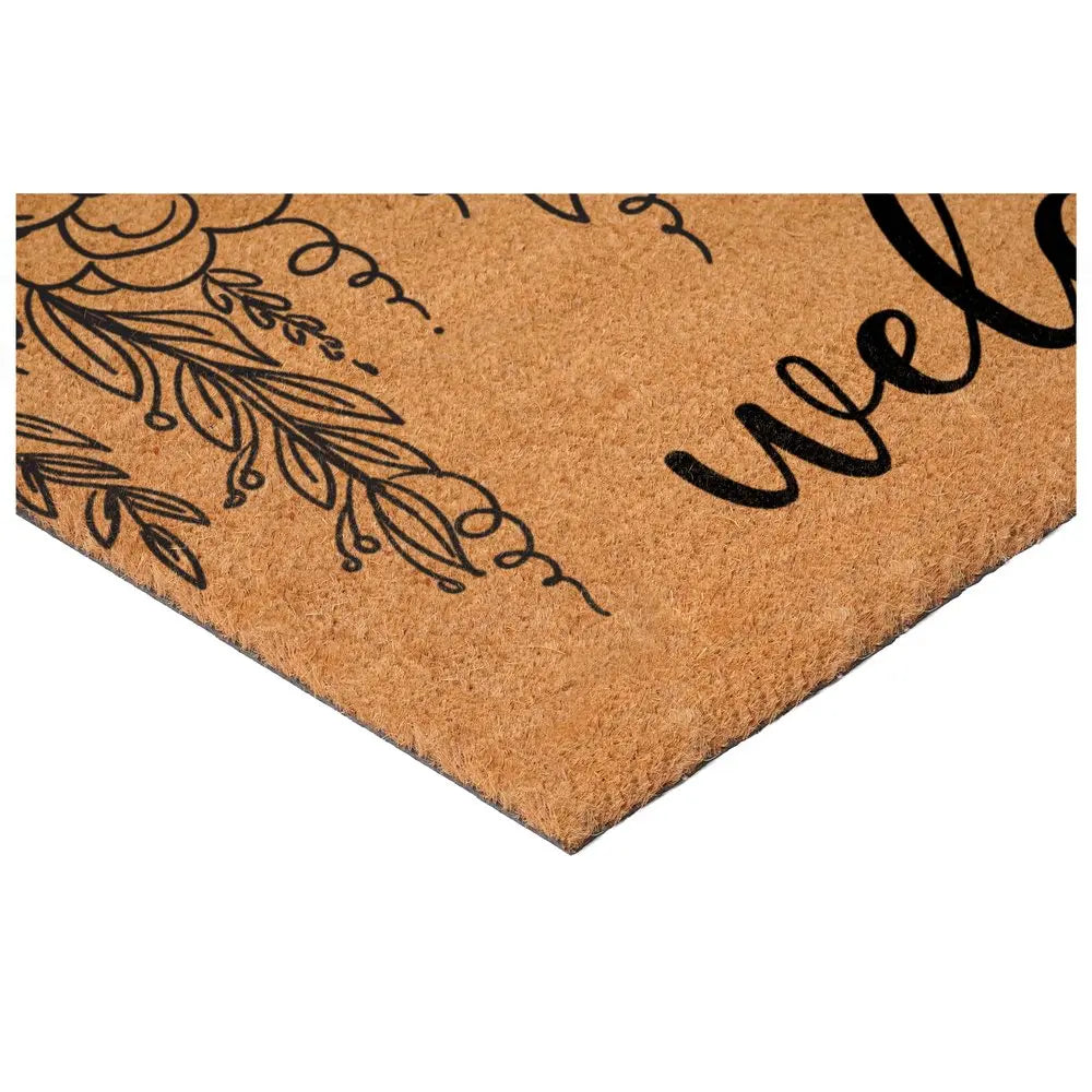 17" X 29" Brown And Natural Floral Welcome Outdoor Coir Door Mat HomeRoots