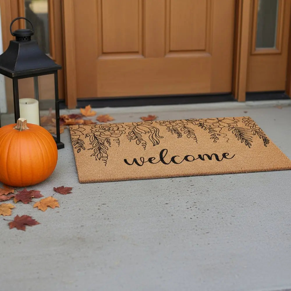 17" X 29" Brown And Natural Floral Welcome Outdoor Coir Door Mat HomeRoots