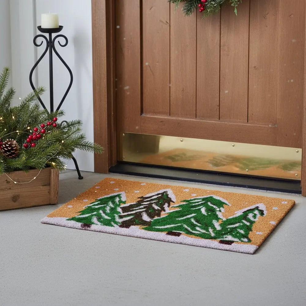 17" X 29" Natural and Green Coir Christmas Trees Outdoor Christmas Door Mat HomeRoots