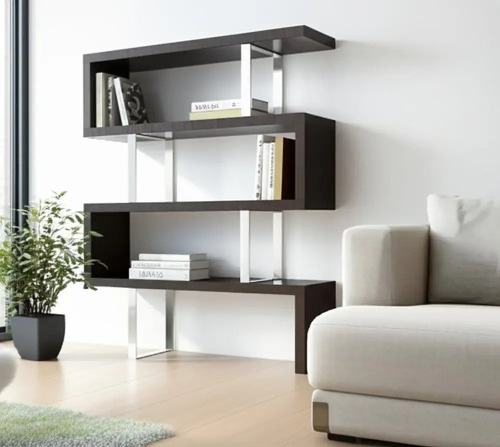 67" Black And Silver Metal and Wood Three Tier Etagere Bookcase - NOBLE HOME INTERIORS