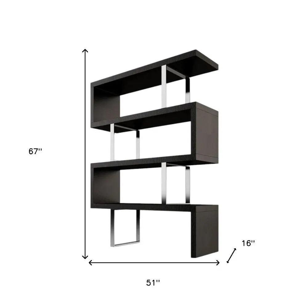 67" Black And Silver Metal and Wood Three Tier Etagere Bookcase - NOBLE HOME INTERIORS