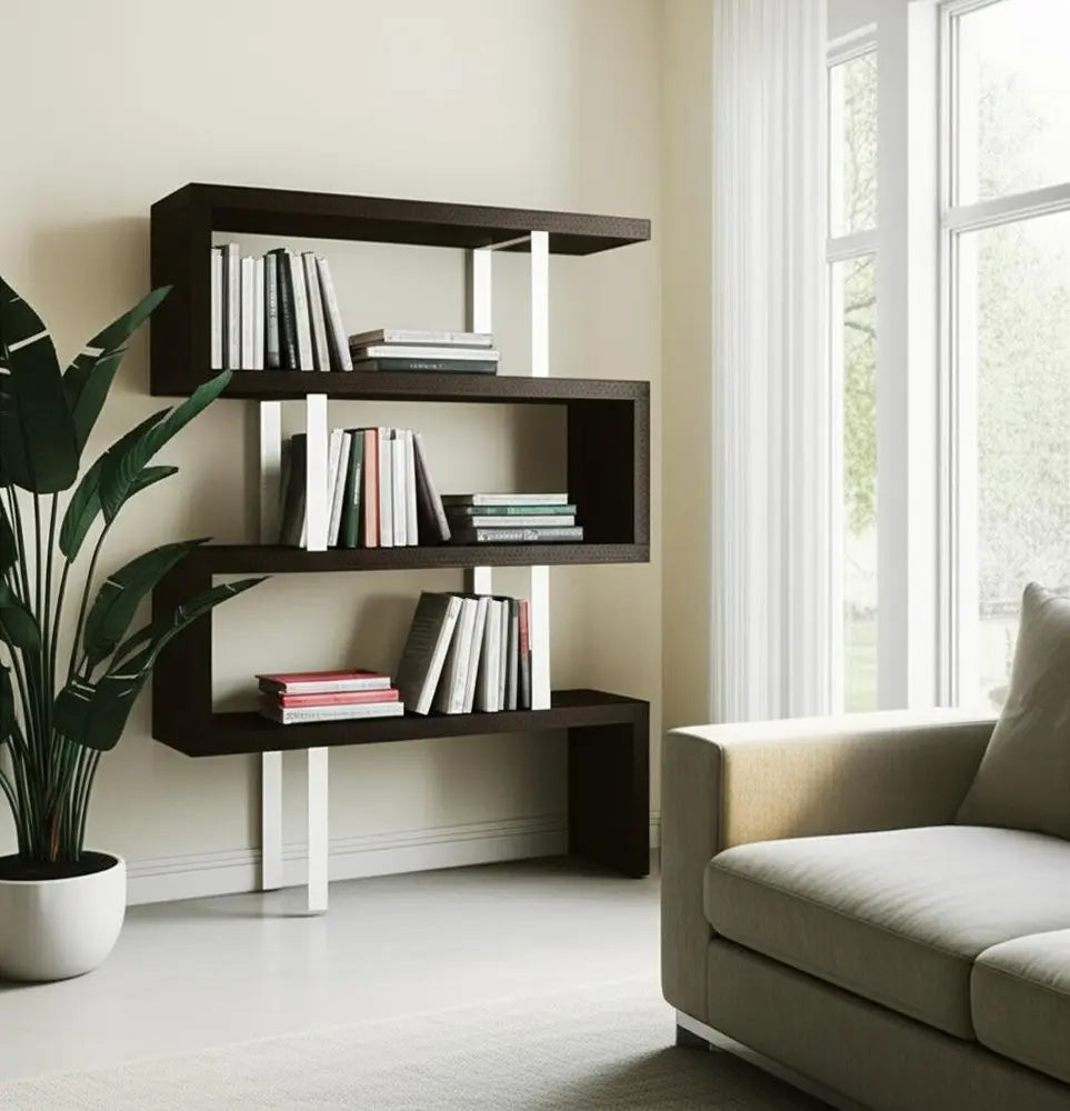 67" Black And Silver Metal and Wood Three Tier Etagere Bookcase - NOBLE HOME INTERIORS