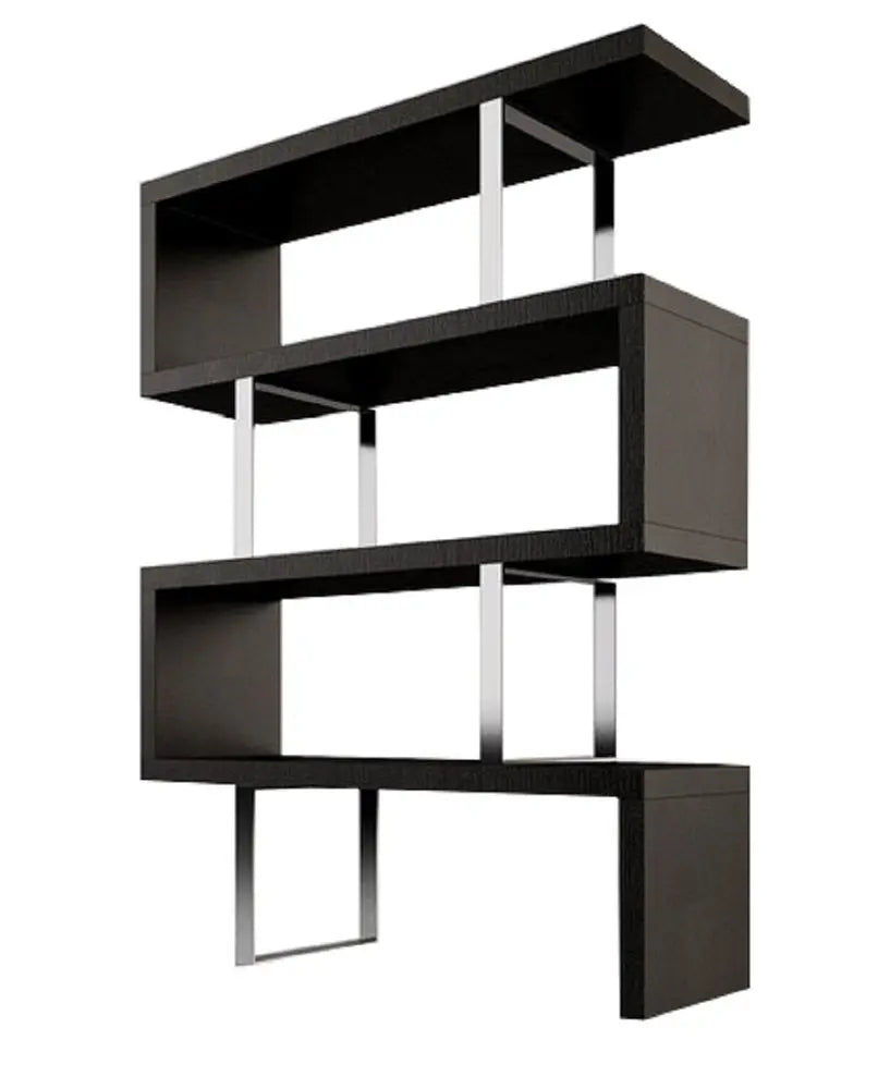 67" Espresso And Silver Metal and Wood Three Tier Etagere Bookcase - NOBLE HOME INTERIORS