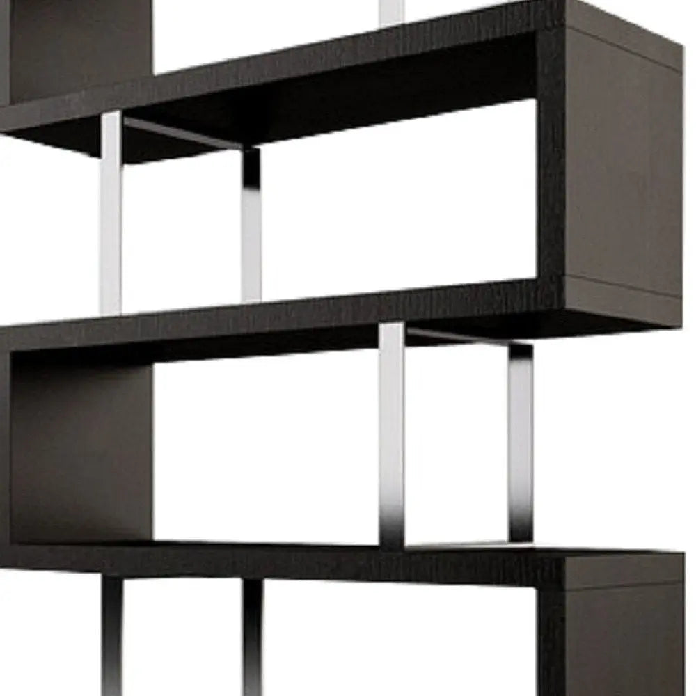 67" Espresso And Silver Metal and Wood Three Tier Etagere Bookcase - NOBLE HOME INTERIORS