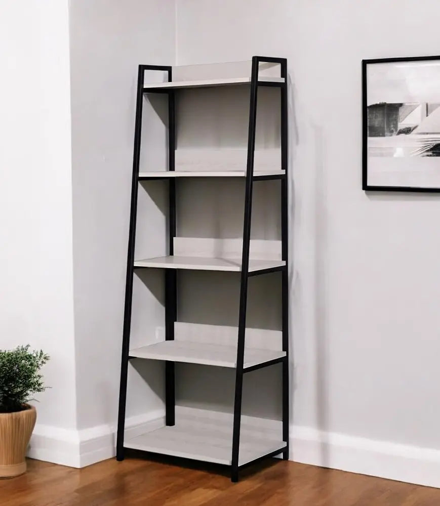 67" Natural and Black Metal Five Tier Ladder Bookcase - NOBLE HOME INTERIORS