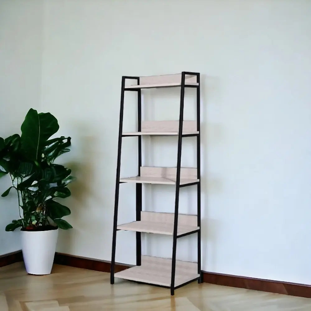 67" Natural and Black Metal Five Tier Ladder Bookcase - NOBLE HOME INTERIORS