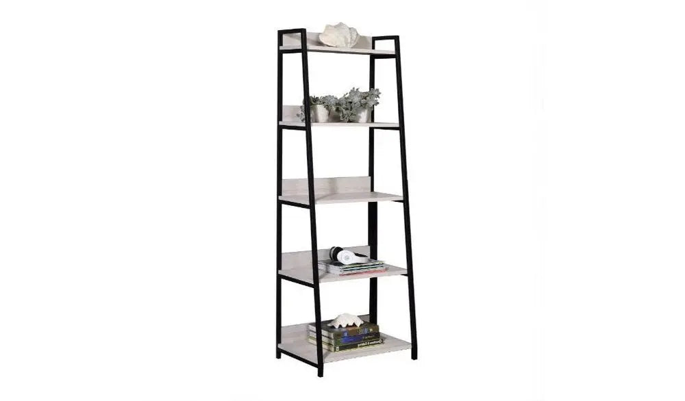 67" Natural and Black Metal Five Tier Ladder Bookcase - NOBLE HOME INTERIORS