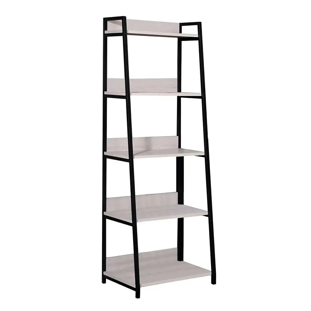 67" Natural and Black Metal Five Tier Ladder Bookcase - NOBLE HOME INTERIORS