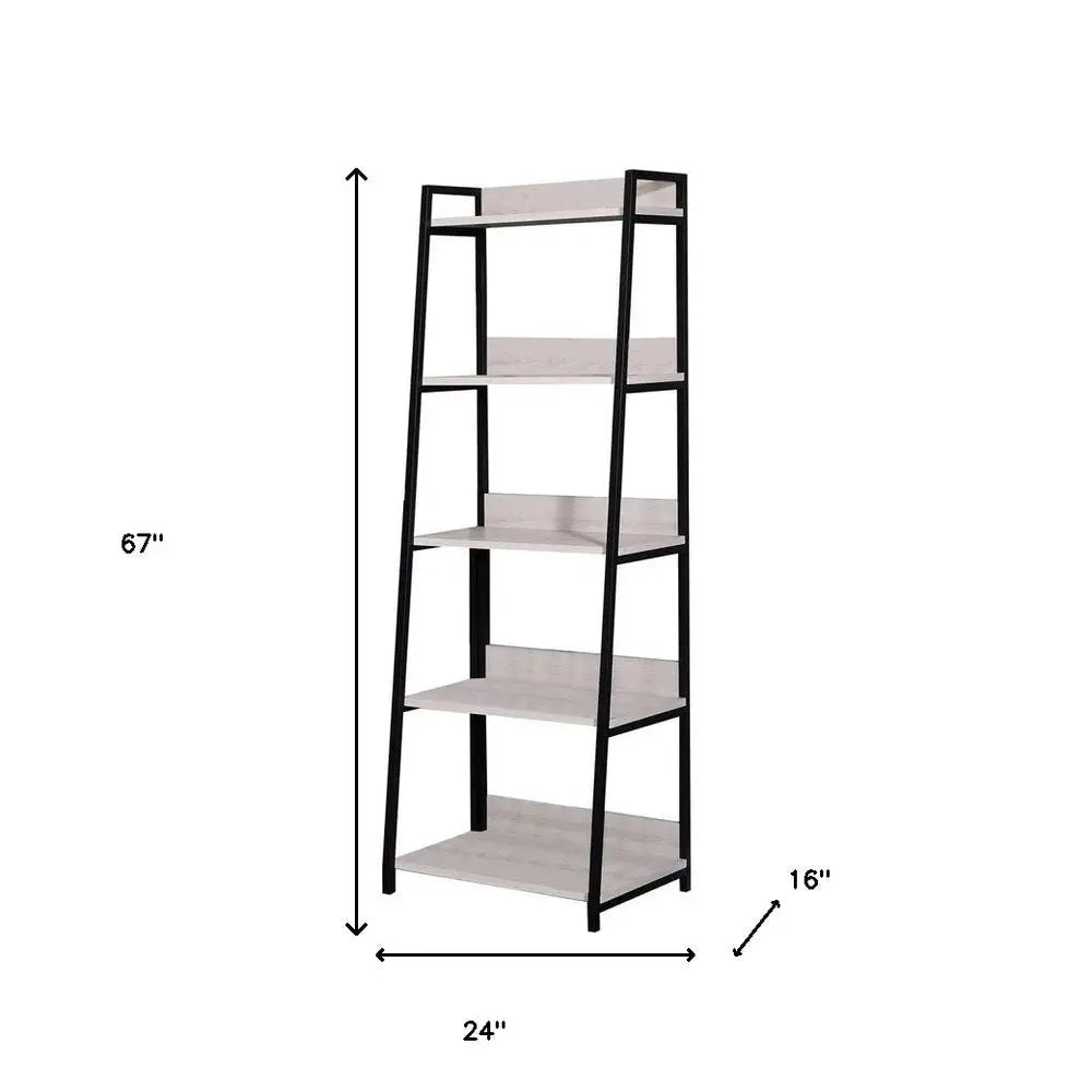 67" Natural and Black Metal Five Tier Ladder Bookcase - NOBLE HOME INTERIORS
