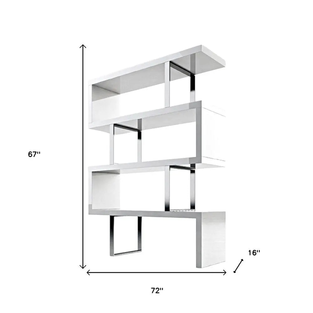 67" White And Silver Metal and Wood Three Tier Etagere Bookcase - NOBLE HOME INTERIORS