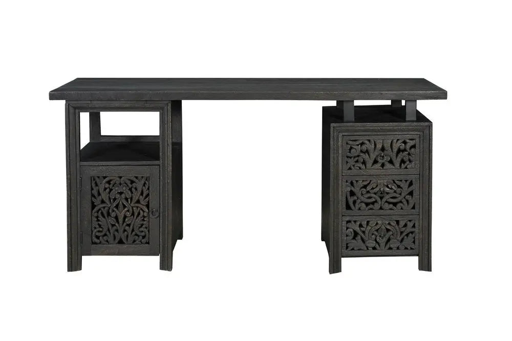 68" Black Carved Floral Scroll Solid Wood Computer Desk With Three Drawers - NOBLE HOME INTERIORS