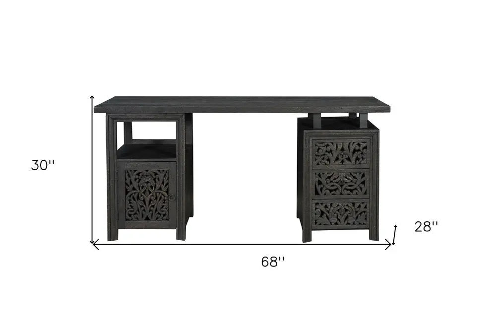 68" Black Carved Floral Scroll Solid Wood Computer Desk With Three Drawers - NOBLE HOME INTERIORS