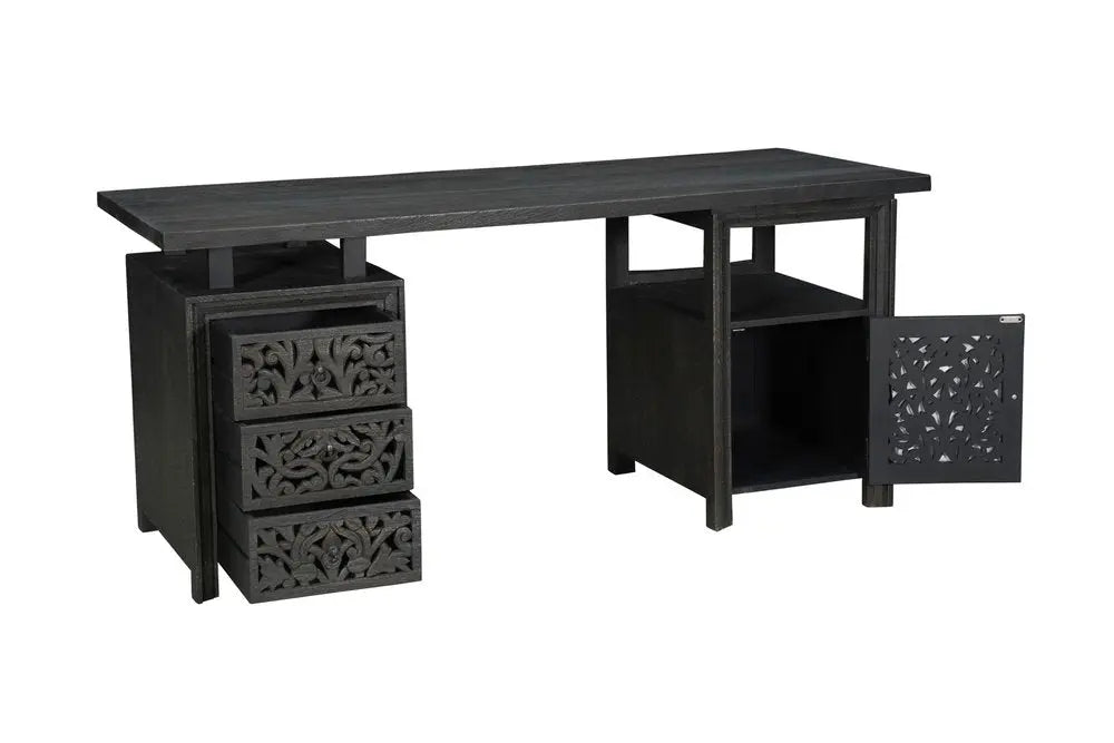 68" Black Carved Floral Scroll Solid Wood Computer Desk With Three Drawers - NOBLE HOME INTERIORS