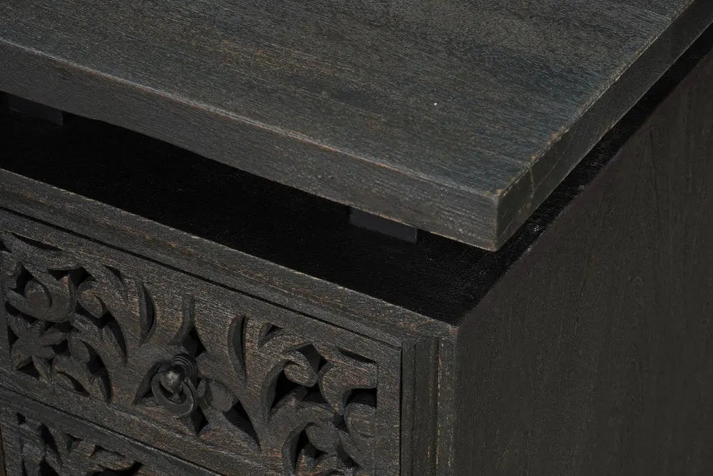 68" Black Carved Floral Scroll Solid Wood Computer Desk With Three Drawers - NOBLE HOME INTERIORS