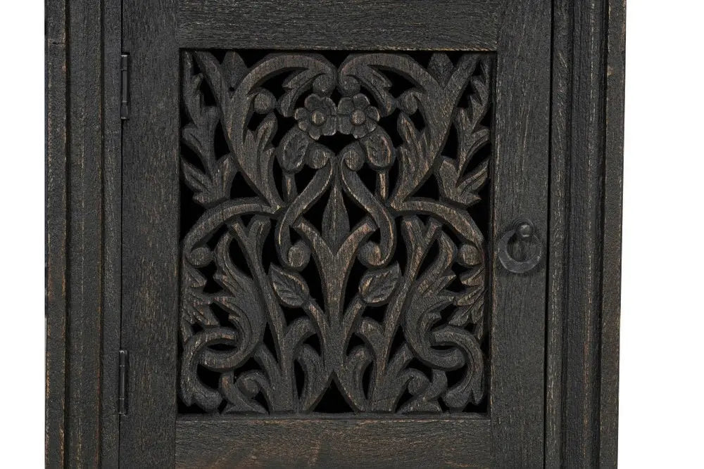 68" Black Solid Wood and Metal Carved Floral Desk With Three Drawers - NOBLE HOME INTERIORS