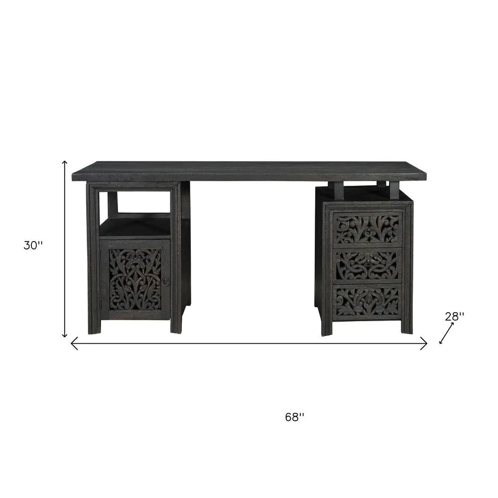 68" Black Solid Wood and Metal Carved Floral Desk With Three Drawers - NOBLE HOME INTERIORS