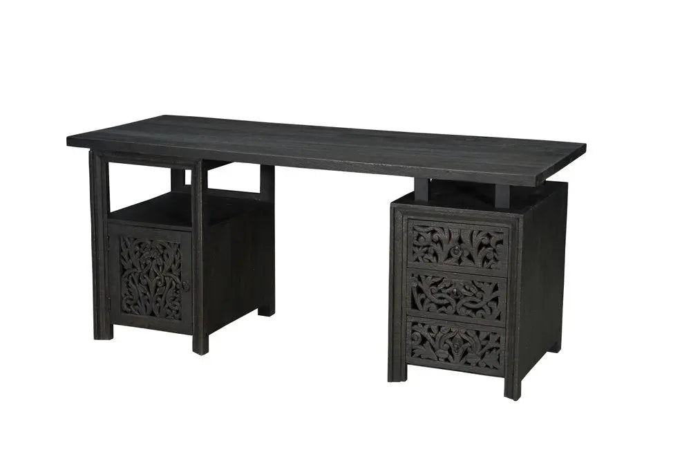 68" Black Solid Wood and Metal Carved Floral Desk With Three Drawers - NOBLE HOME INTERIORS