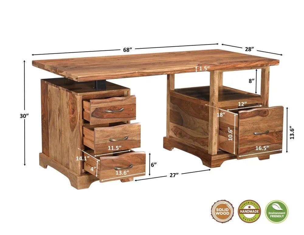 68" Brown Solid Wood Writing Desk and Bookshelf Set With Four Drawers - NOBLE HOME INTERIORS