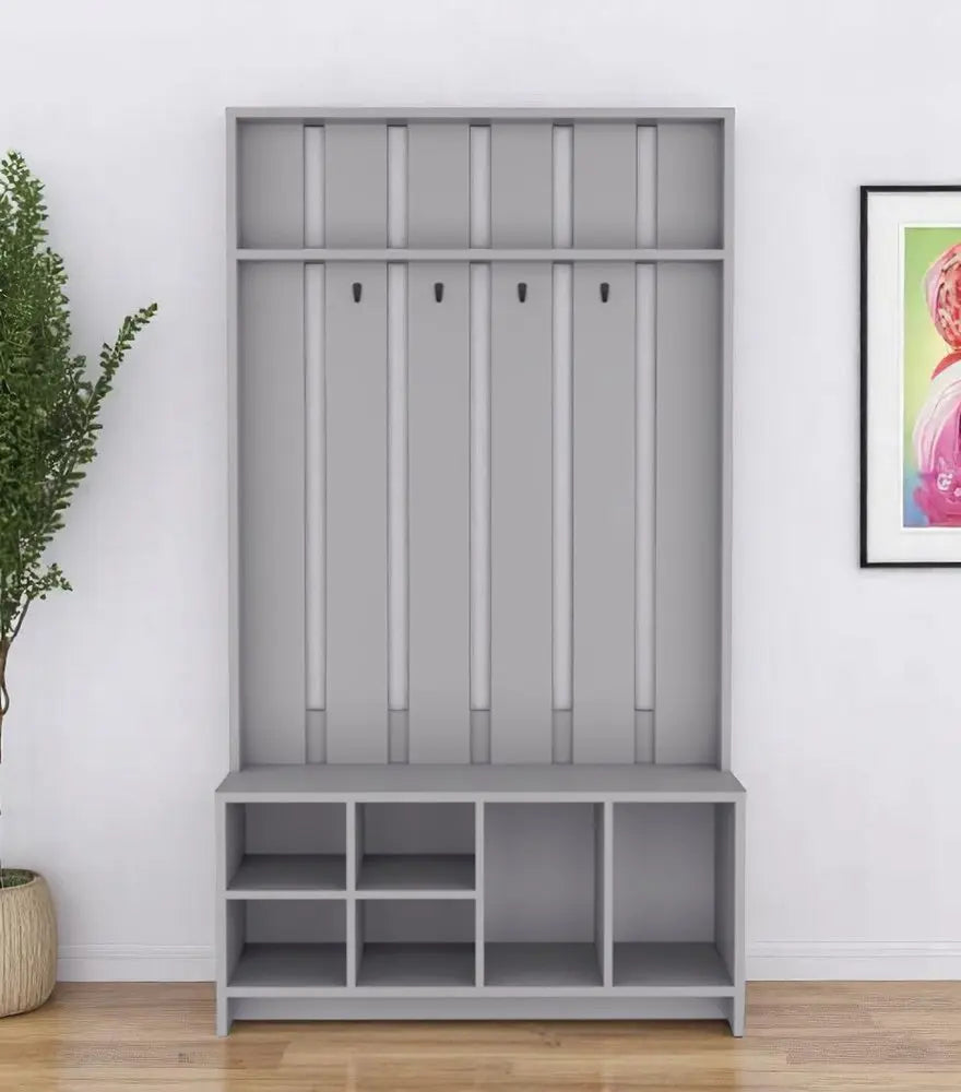 68" Gray Wood Four Hook Coat And Shoe Rack - NOBLE HOME INTERIORS