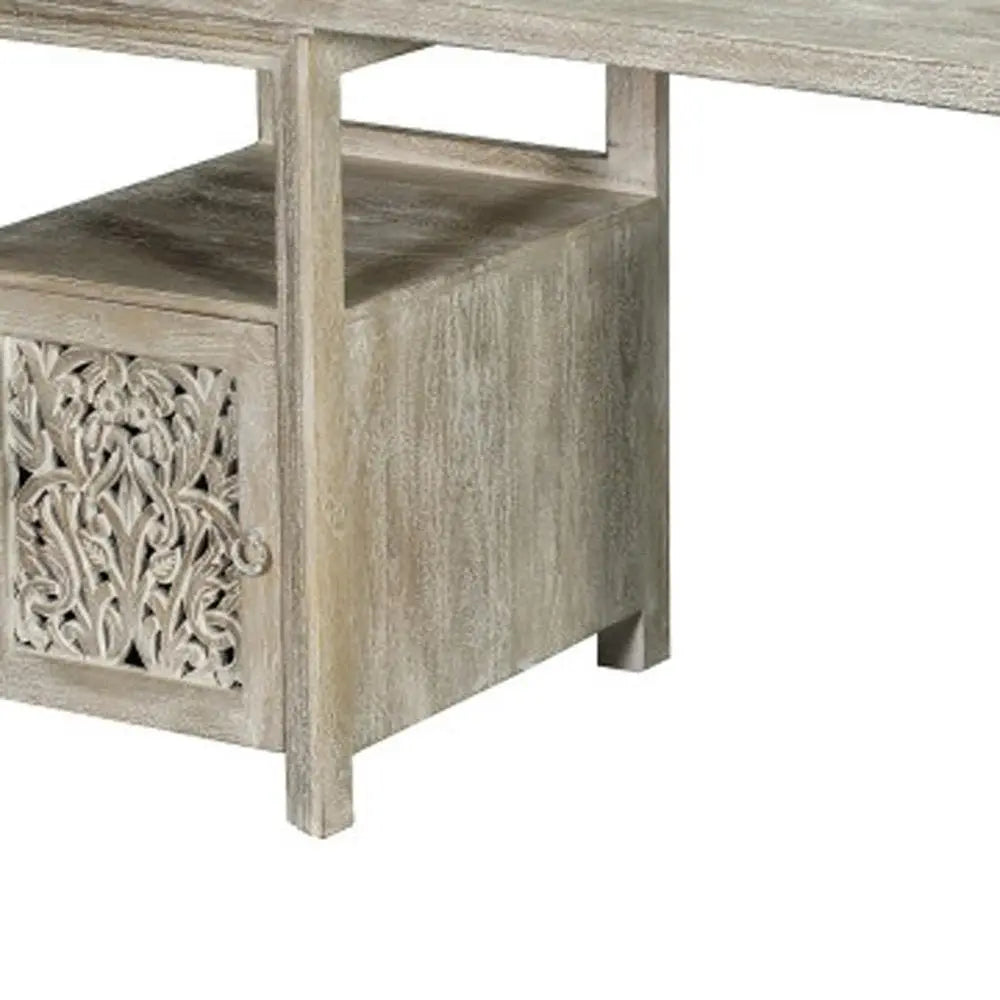 68" White Solid Wood and Metal Carved Floral Desk With Three Drawers - NOBLE HOME INTERIORS