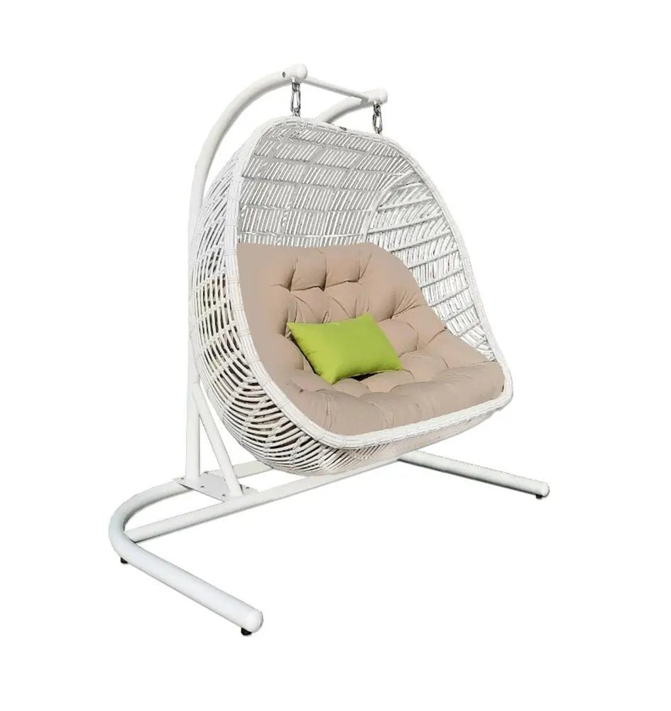 69" Beige and White Metal Indoor Outdoor Swing Chair with Beige Cushion - NOBLE HOME INTERIORS