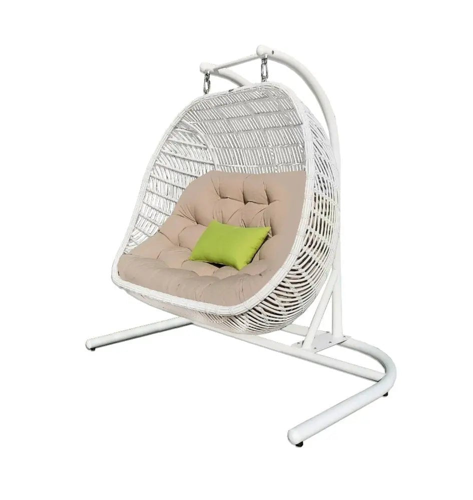 69" Beige and White Metal Indoor Outdoor Swing Chair with Beige Cushion - NOBLE HOME INTERIORS
