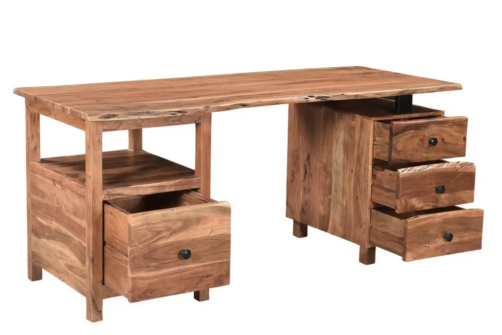 69" Brown Solid Wood Wall Mounted Writing Desk and Bookshelf Set With Four Drawers - NOBLE HOME INTERIORS