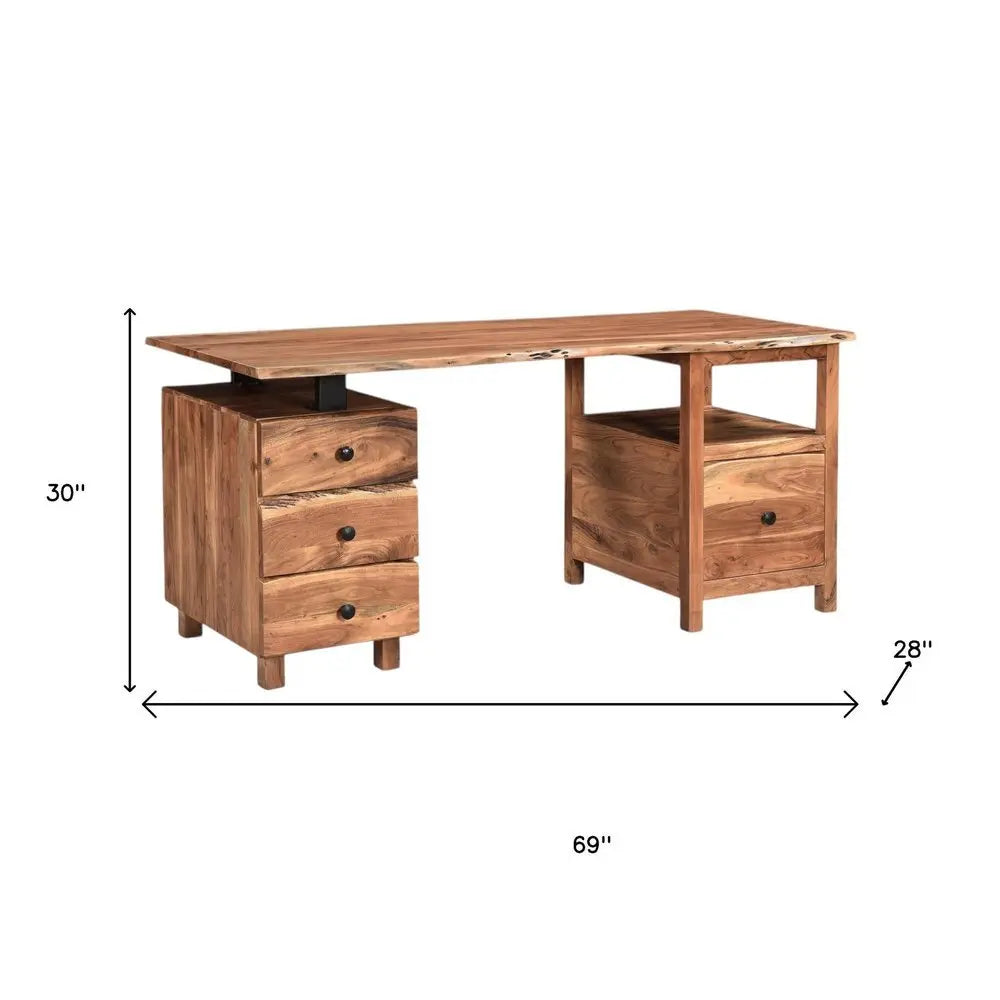 69" Brown Solid Wood Wall Mounted Writing Desk and Bookshelf Set With Four Drawers - NOBLE HOME INTERIORS