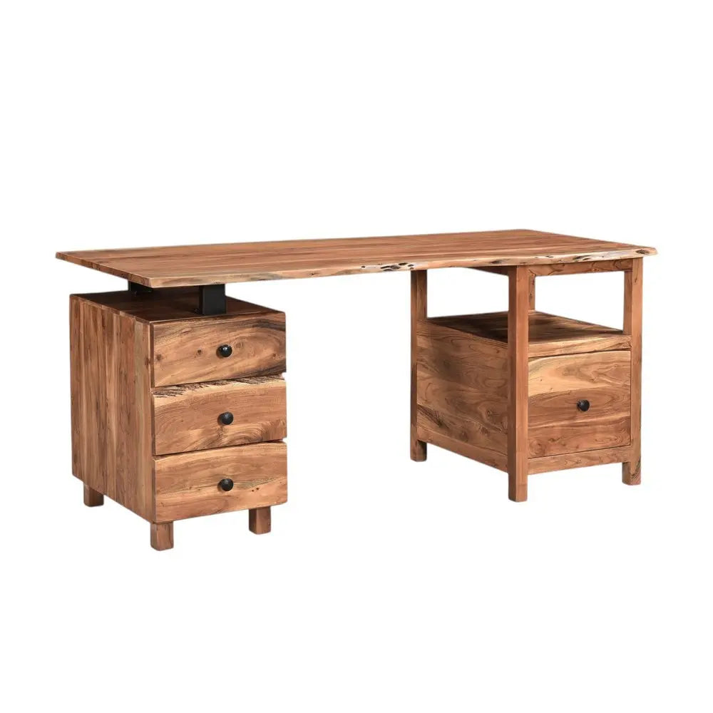 69" Brown Solid Wood Wall Mounted Writing Desk and Bookshelf Set With Four Drawers - NOBLE HOME INTERIORS