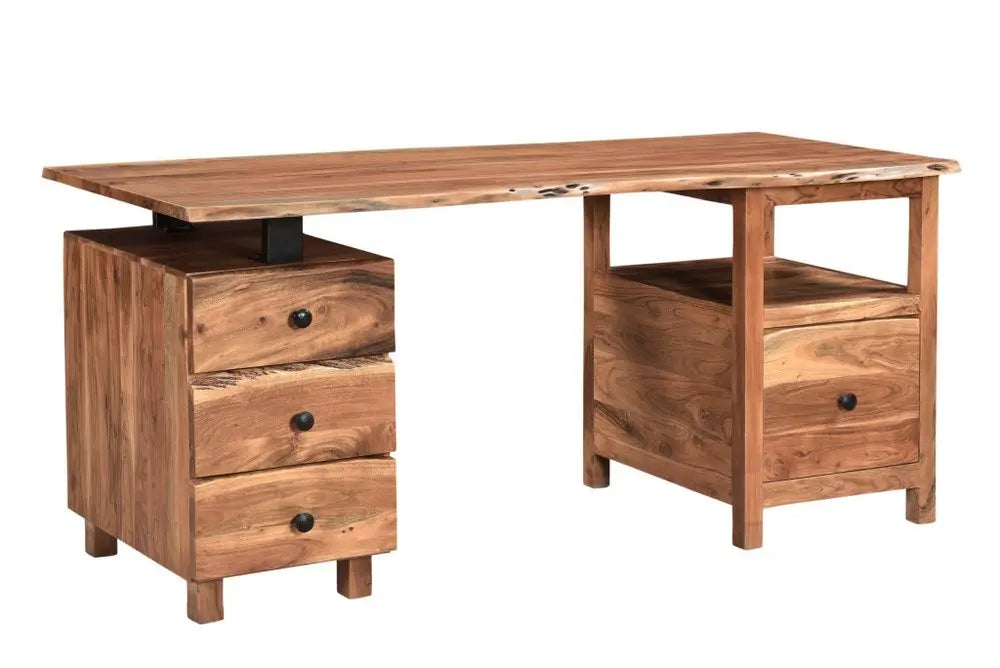 69" Brown Solid Wood Writing Desk and Bookshelf Set With Four Drawers - NOBLE HOME INTERIORS