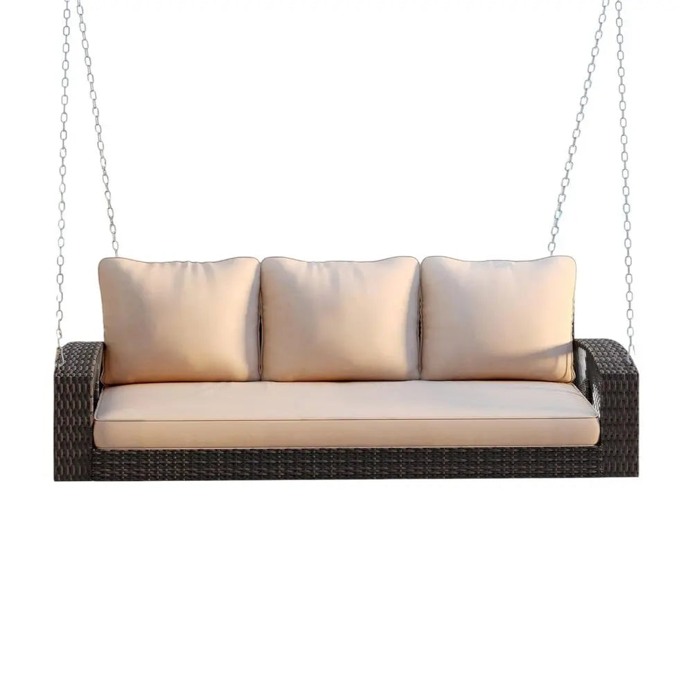 69" Brown Woven Rattan Outdoor Swing Chair with Beige Cushions - NOBLE HOME INTERIORS