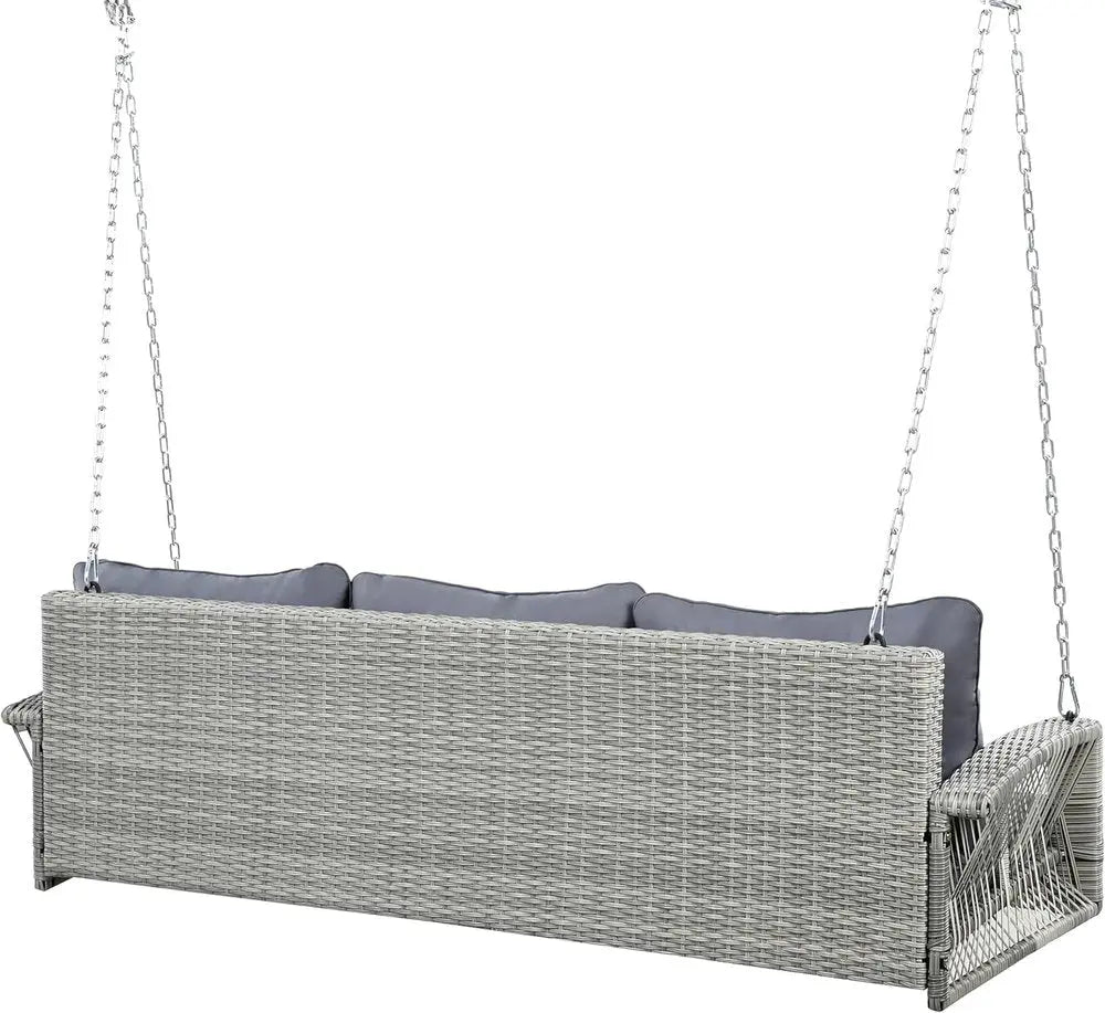 69" Gray Woven Rattan Outdoor Swing Chair with Gray Cushion - NOBLE HOME INTERIORS