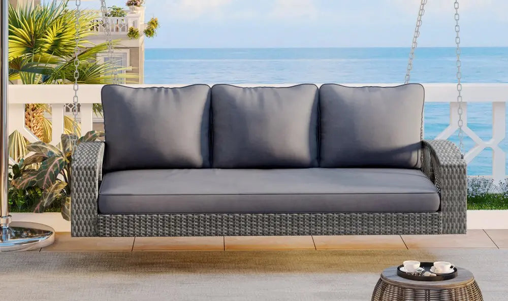 69" Gray Woven Rattan Outdoor Swing Chair with Gray Cushion - NOBLE HOME INTERIORS