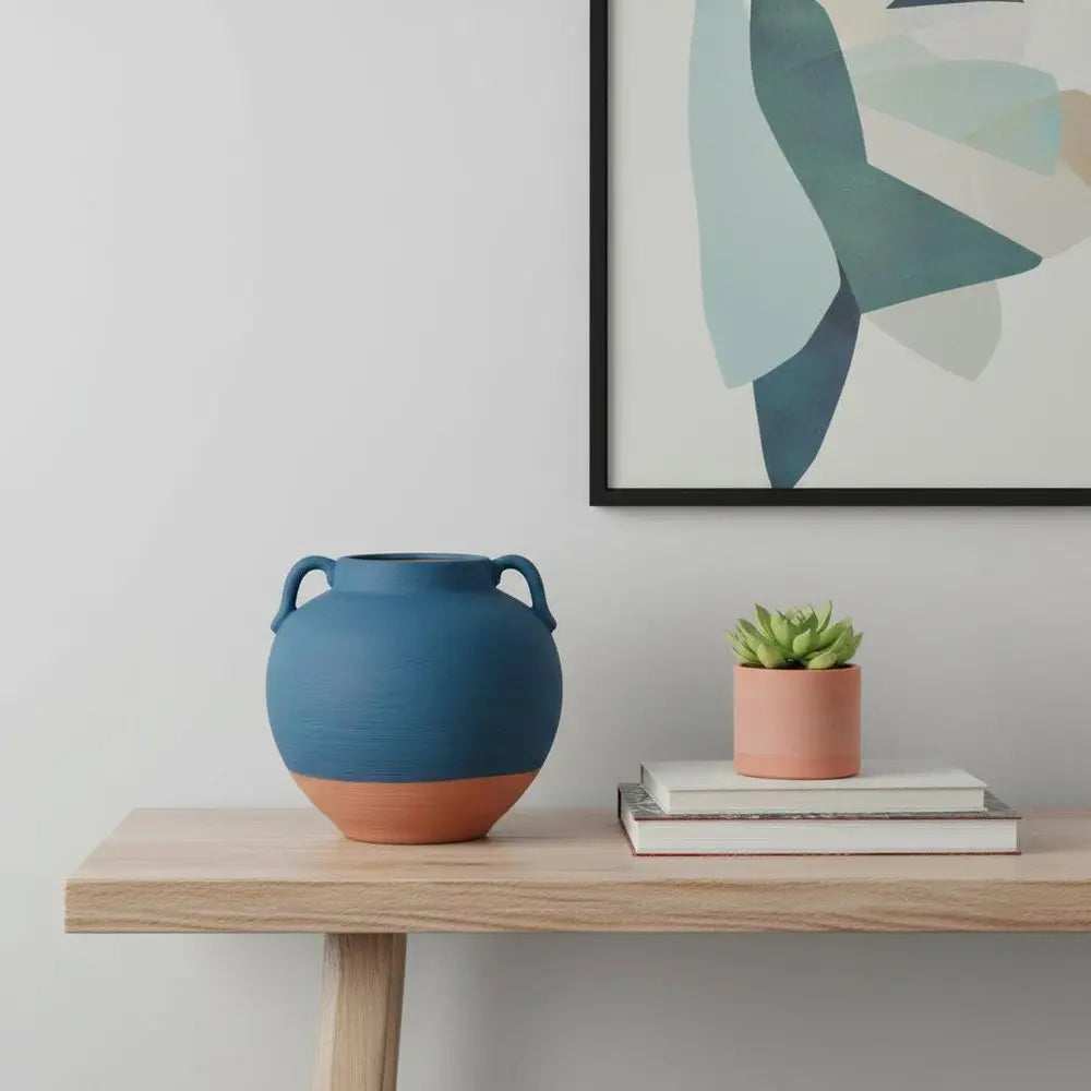 7" Blue Round Ceramic Urn - NOBLE HOME INTERIORS