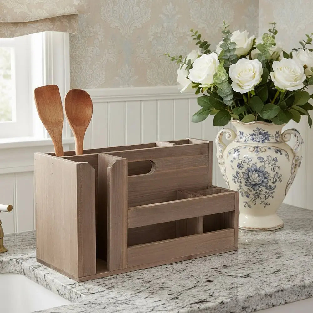 7" Brown Wood Desk Organizer - NOBLE HOME INTERIORS