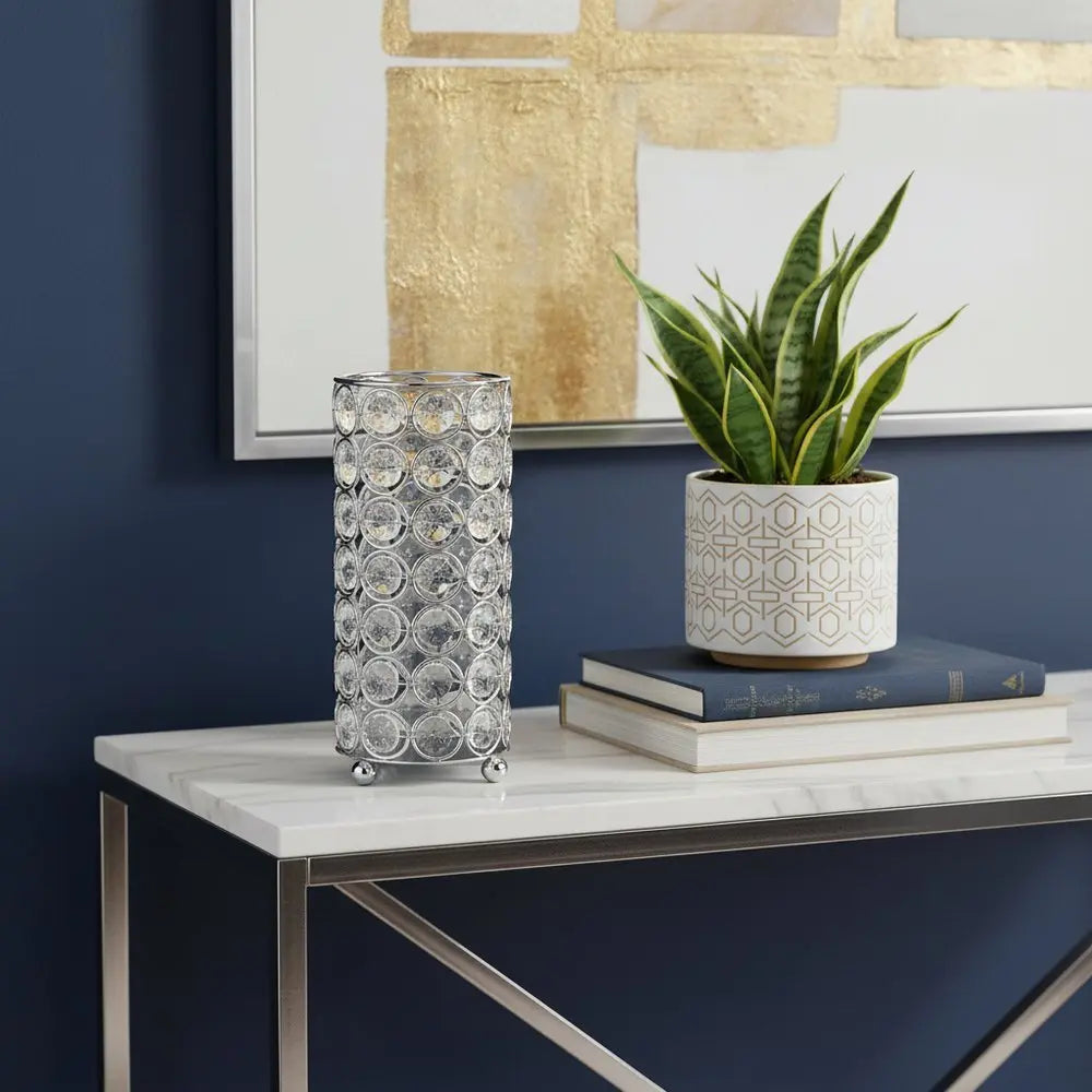 7" Silver And Clear Faux Crystal And Metal Cylinder Table Vase - NOBLE HOME INTERIORS