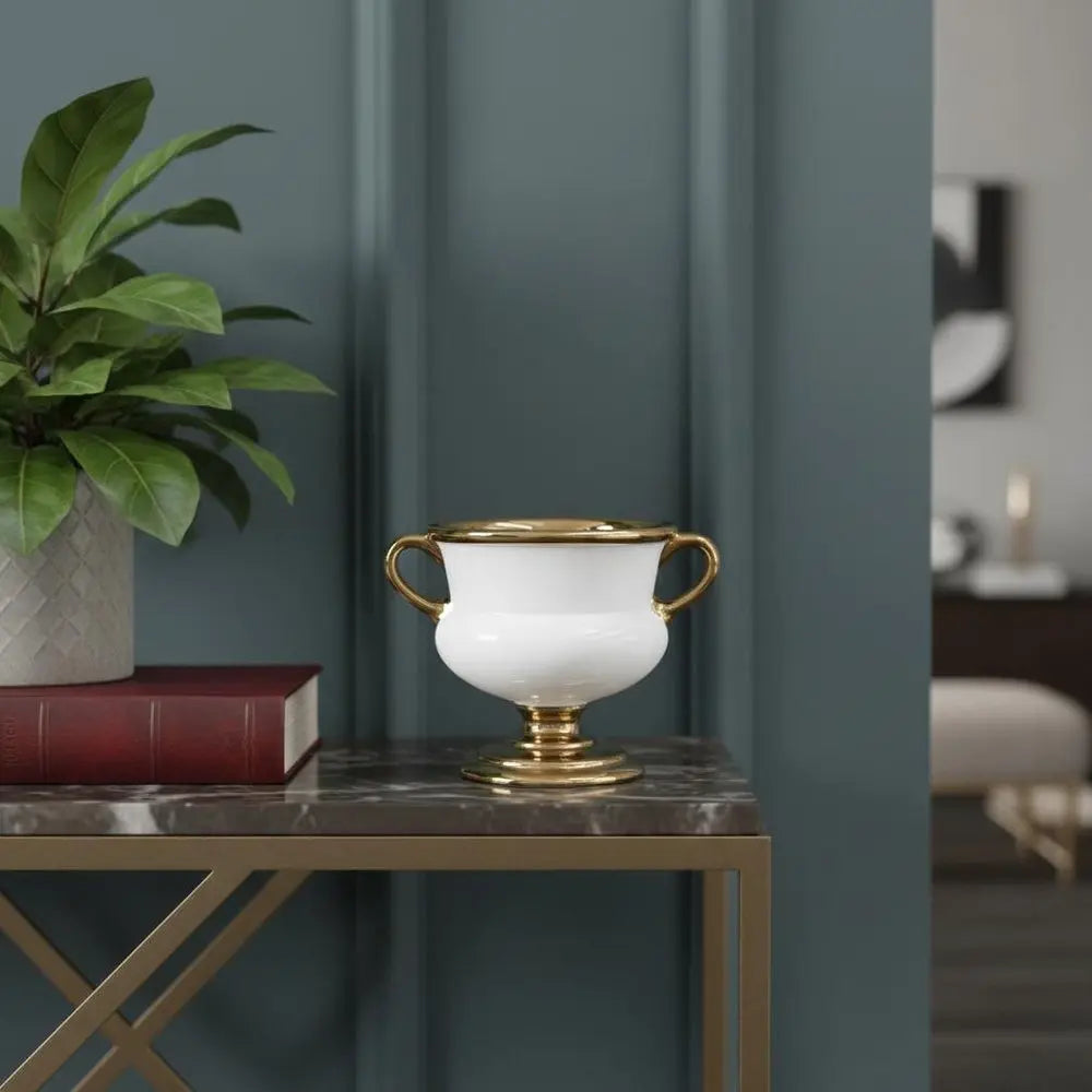 7" White And Gold Amphora Ceramic Urn - NOBLE HOME INTERIORS