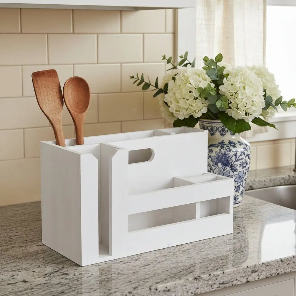 7" White Wood Desk Organizer - NOBLE HOME INTERIORS