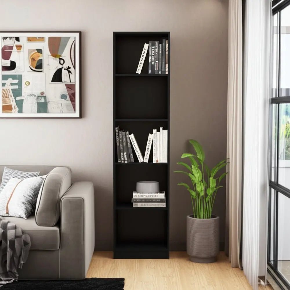 70" Black Wood Five Tier Bookcase - NOBLE HOME INTERIORS