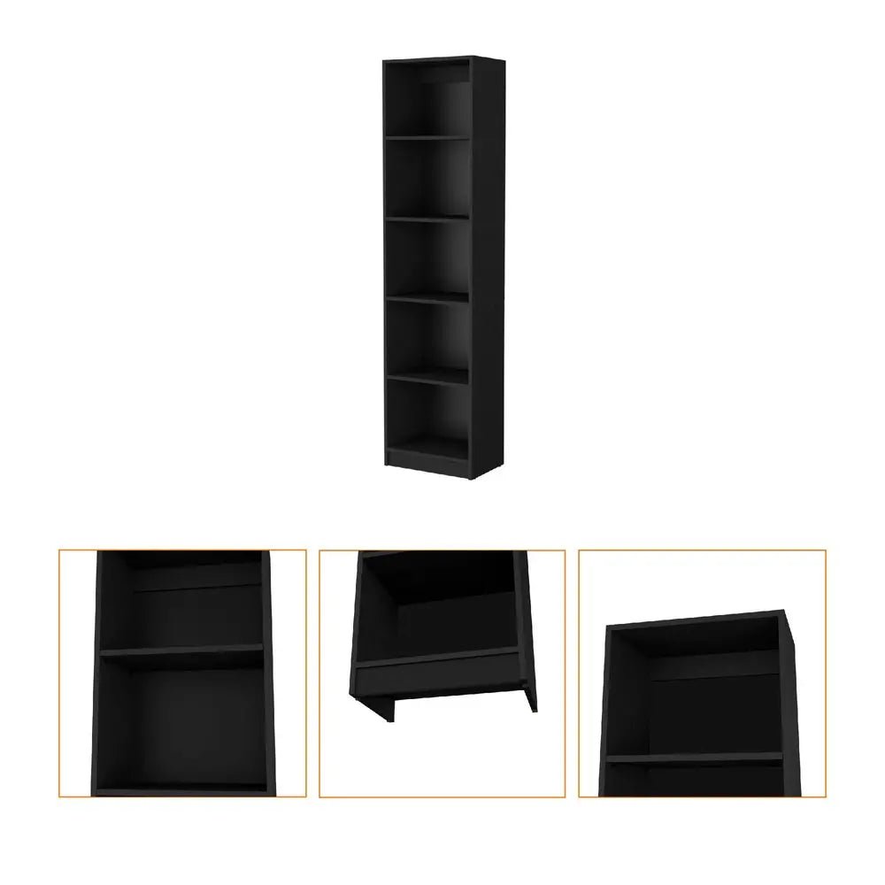 70" Black Wood Five Tier Bookcase - NOBLE HOME INTERIORS