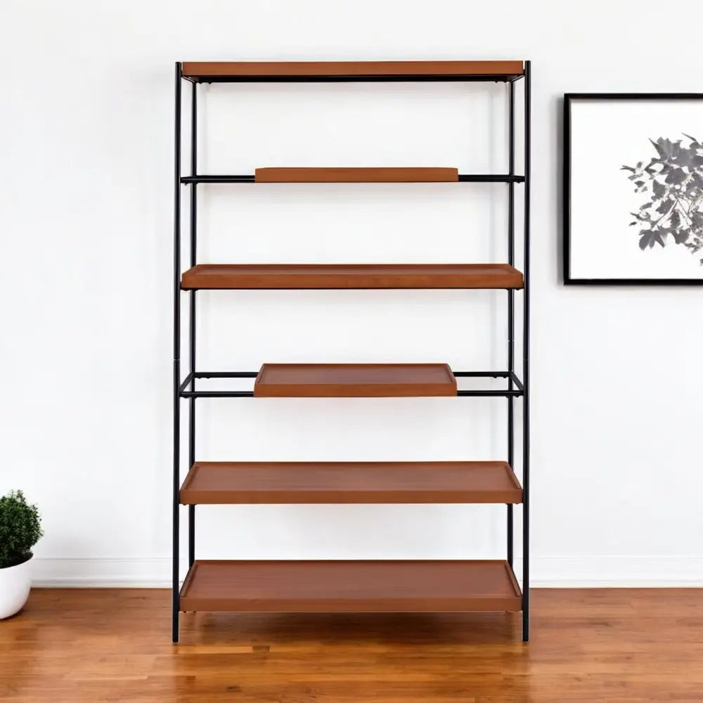 70" Oak And Black Metal and Wood Six Tier Etagere Bookcase - NOBLE HOME INTERIORS
