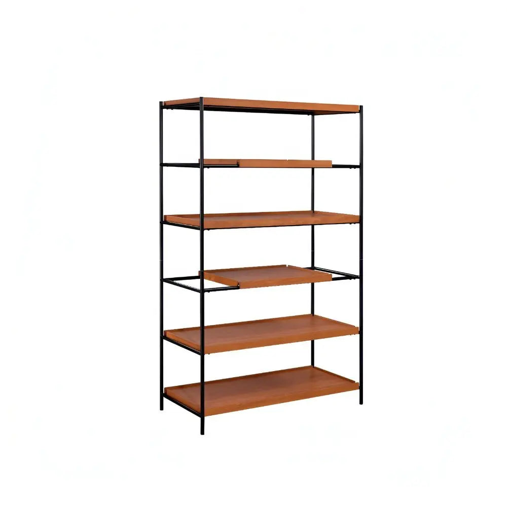 70" Oak And Black Metal and Wood Six Tier Etagere Bookcase - NOBLE HOME INTERIORS