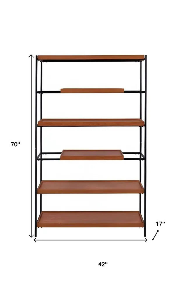 70" Oak And Black Metal and Wood Six Tier Etagere Bookcase - NOBLE HOME INTERIORS
