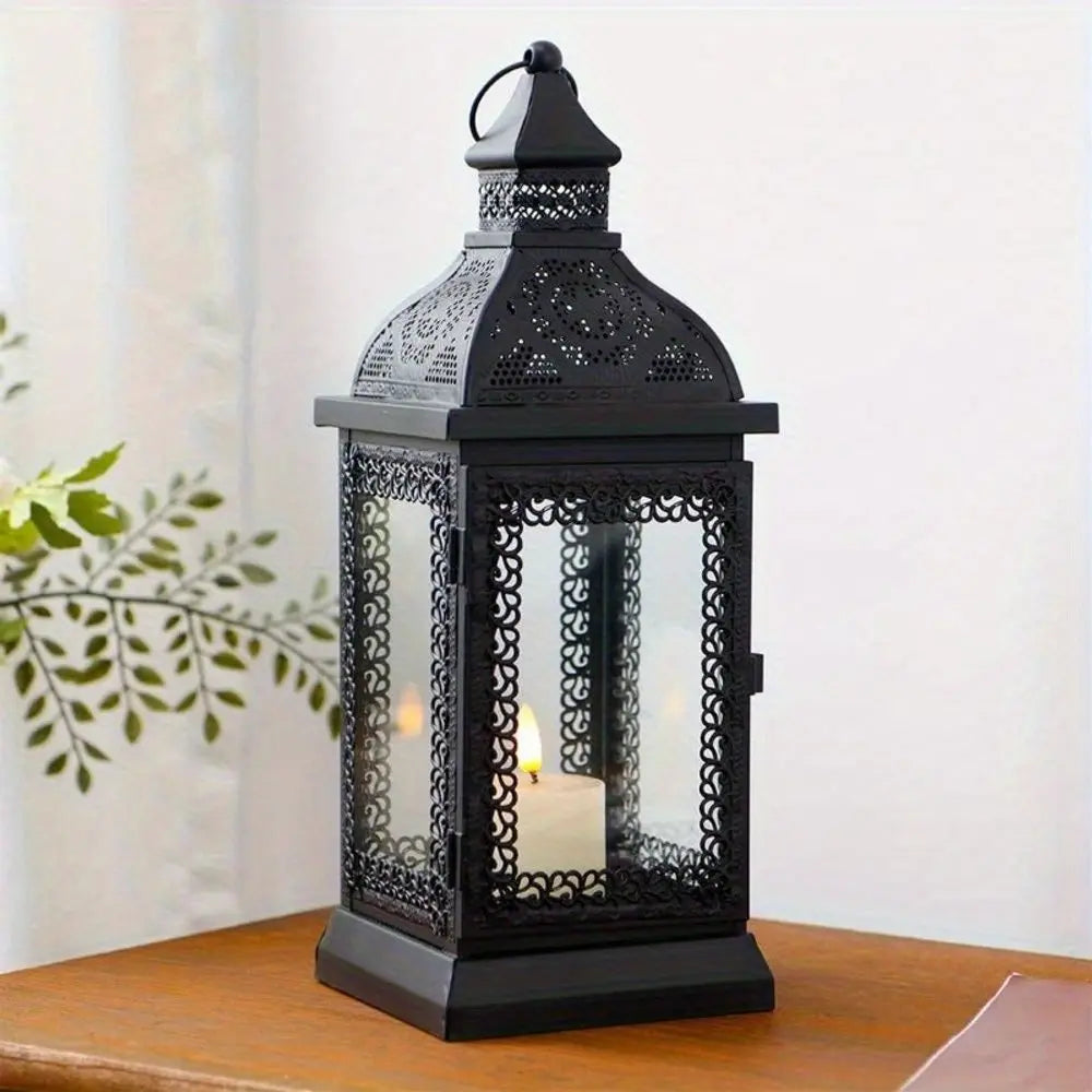 13" Clear And Black Glass And Metal Tabletop Lantern Candle Holder HomeRoots